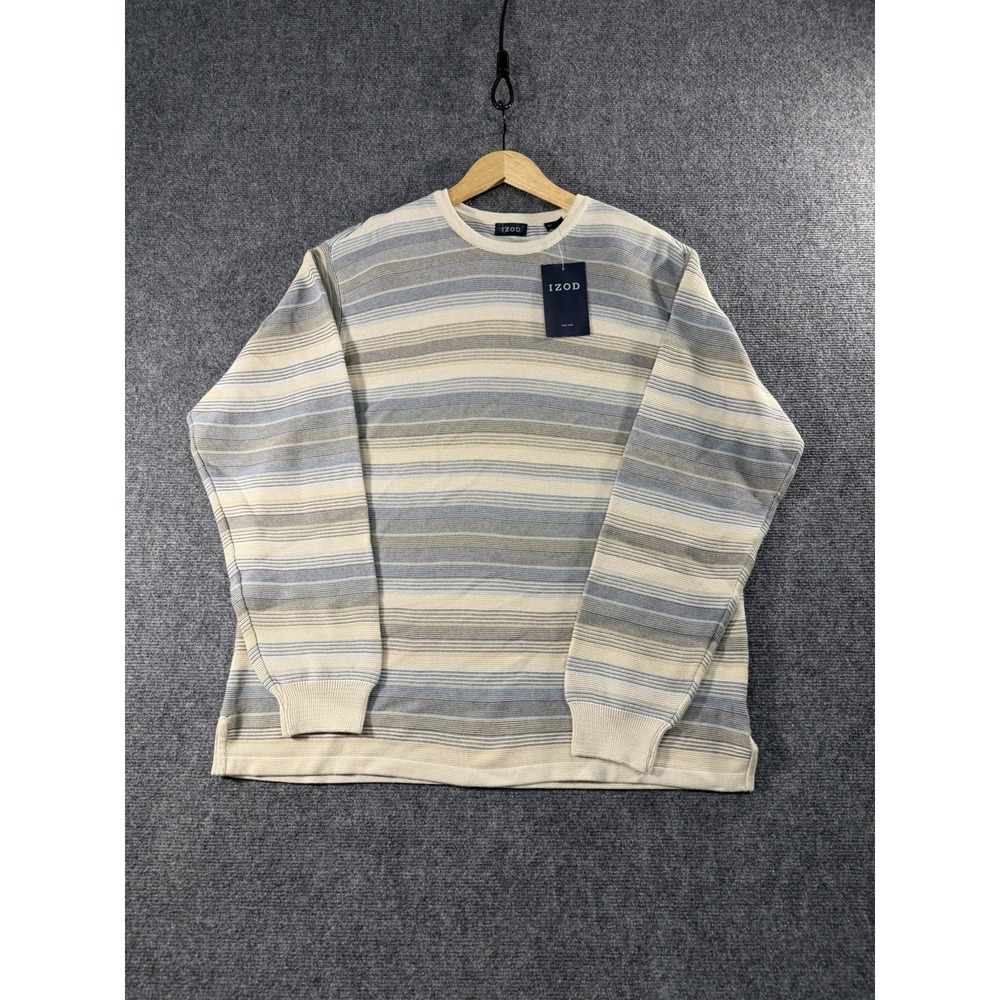 IZOD Mens Sweater Size Large Beige Striped 100% Cotton Long Sleeve Pullover Slit